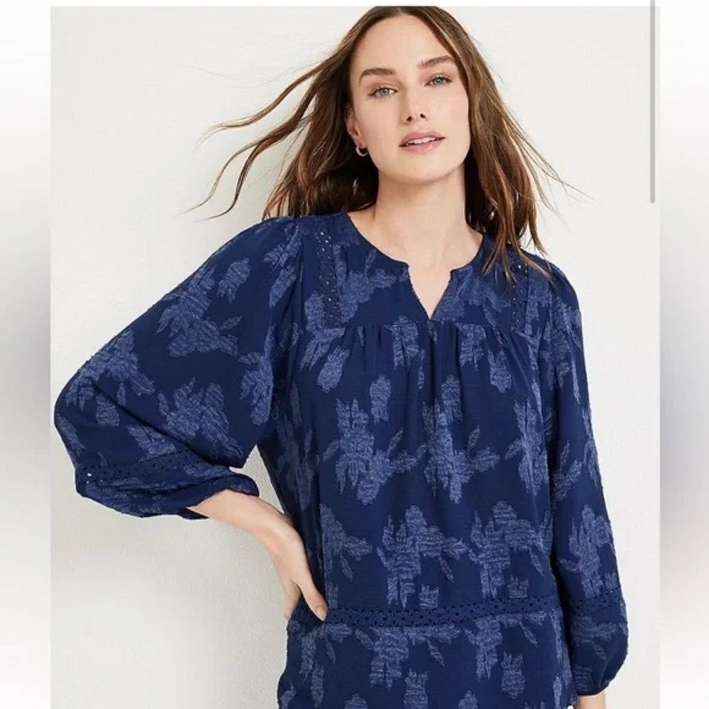 Maurices Floral Blue Jacquard Crochet Trim Peasant Blouse 2xl